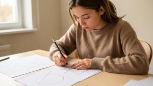 Lycéenne concentrée dessinant des figures géométriques au crayon sur des feuilles posées sur un bureau lumineux.