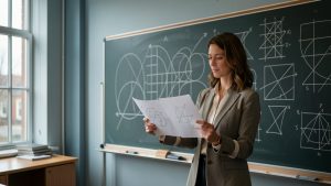 Une mathématicienne lit des documents de recherche devant un tableau couvert de courbes et de constructions géométriques abstraites, dans un bureau universitaire lumineux et sobre.