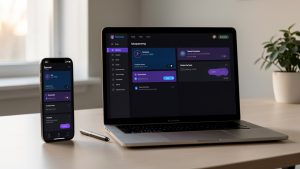 Un smartphone et un ordinateur portable affichant une interface scolaire générique en mode sombre, avec des tons anthracite, bleus et violets.