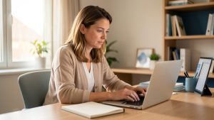 Entrepreneuse étudiant une formation numérique dans un bureau moderne avec un ordinateur portable et un carnet.