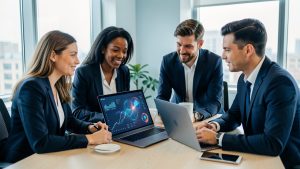 Équipe de ressources humaines composée de deux femmes et de deux hommes réunis autour d’un ordinateur et d’un tableau de bord numérique présentant des visualisations abstraites de données et d’intelligence artificielle.