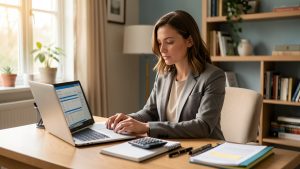 Une femme étudie la gestion de la paie à distance depuis un espace de travail à domicile, avec un ordinateur portable et des dossiers professionnels.