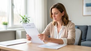 Une salariée belge consulte un calendrier de formation vierge et une fiche de paie vierge dans un bureau moderne et lumineux.