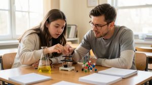 Une lycéenne et un professeur de sciences révisent ensemble autour de matériel de physique-chimie dans une salle de classe lumineuse.