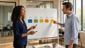 Une enseignante et un enseignant échangent dans une salle de formation lumineuse devant un tableau présentant un calendrier visuel de carrière sans texte.