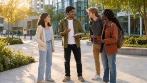 Un étudiant international échange avec trois camarades dans la cour lumineuse et multiculturelle d’un campus universitaire.