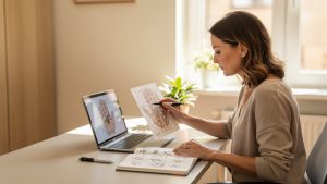 Femme adulte suivant une formation de réflexologie palmaire à distance devant un ordinateur, avec une illustration anatomique non annotée de la main et un carnet de notes dans un espace lumineux et professionnel.
