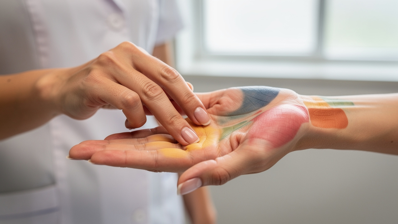 Gros plan pédagogique montrant une femme exerçant une pression douce sur la paume ouverte d’une autre femme, avec des repères discrets de zones réflexes.